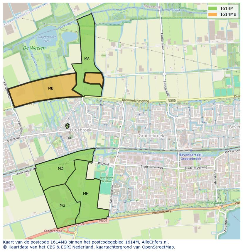 Afbeelding van het postcodegebied 1614 MB op de kaart.