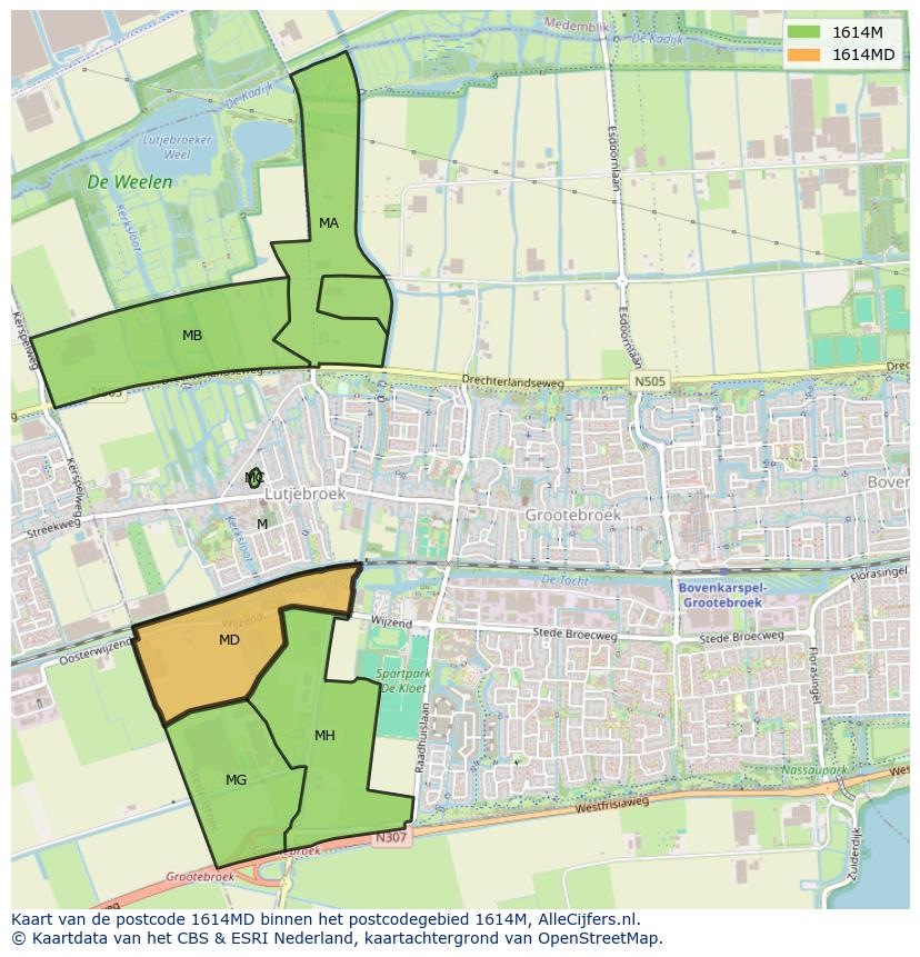 Afbeelding van het postcodegebied 1614 MD op de kaart.
