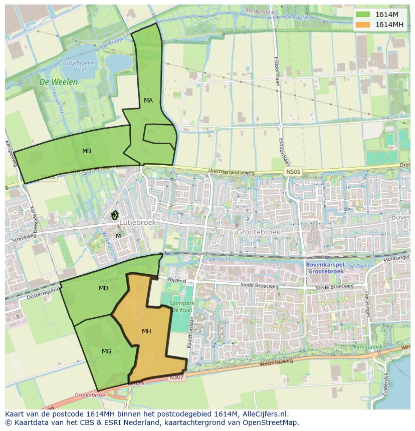 Afbeelding van het postcodegebied 1614 MH op de kaart.
