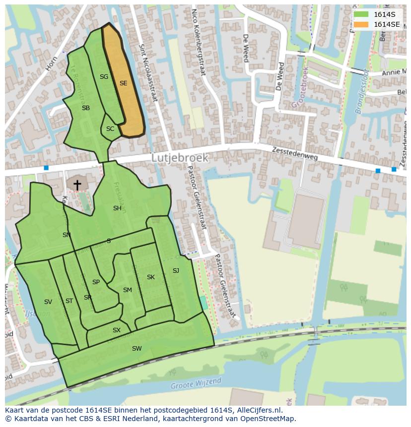 Afbeelding van het postcodegebied 1614 SE op de kaart.