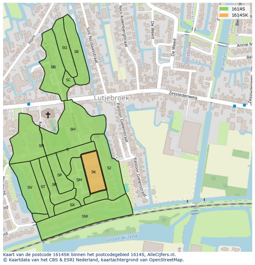 Afbeelding van het postcodegebied 1614 SK op de kaart.