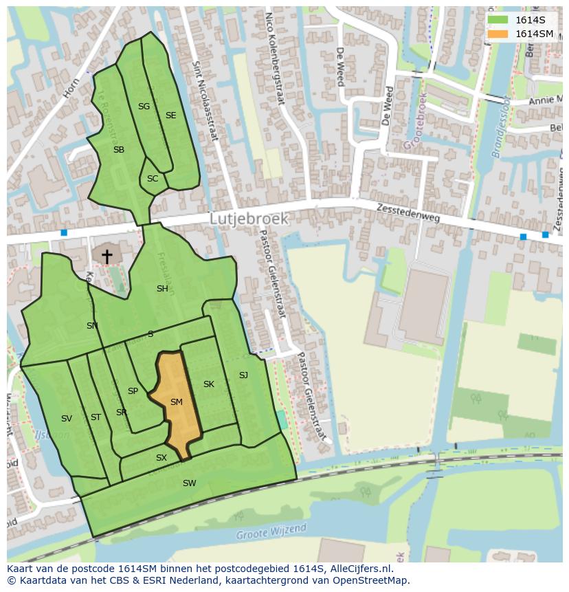 Afbeelding van het postcodegebied 1614 SM op de kaart.