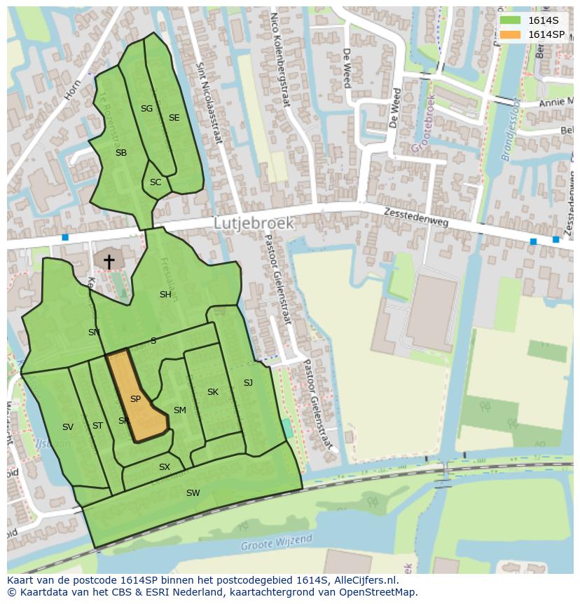 Afbeelding van het postcodegebied 1614 SP op de kaart.