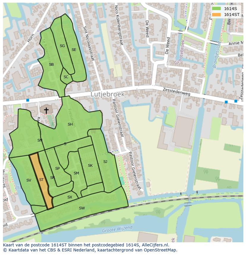 Afbeelding van het postcodegebied 1614 ST op de kaart.