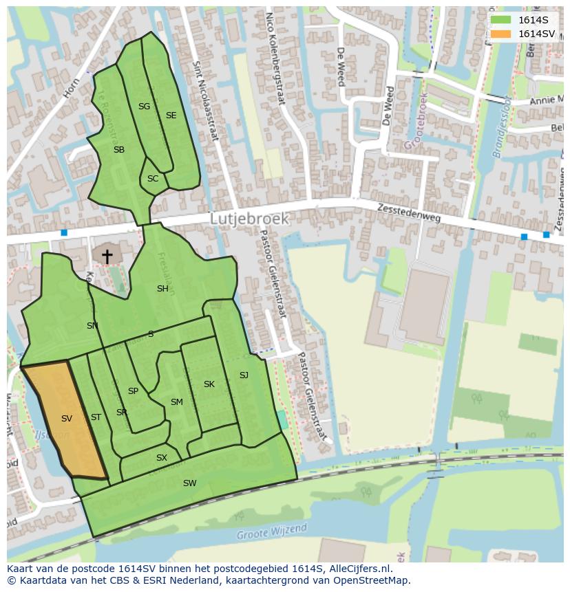 Afbeelding van het postcodegebied 1614 SV op de kaart.
