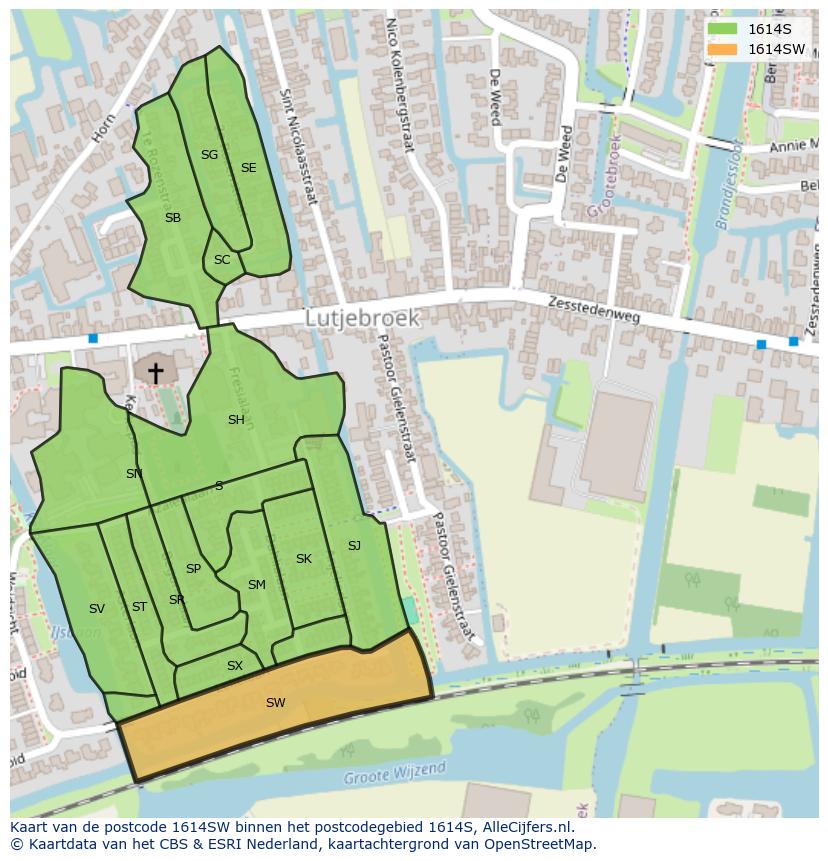 Afbeelding van het postcodegebied 1614 SW op de kaart.