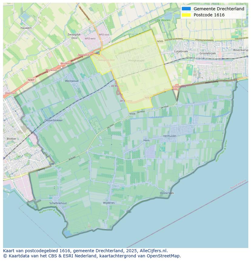 Afbeelding van het postcodegebied 1616 op de kaart.