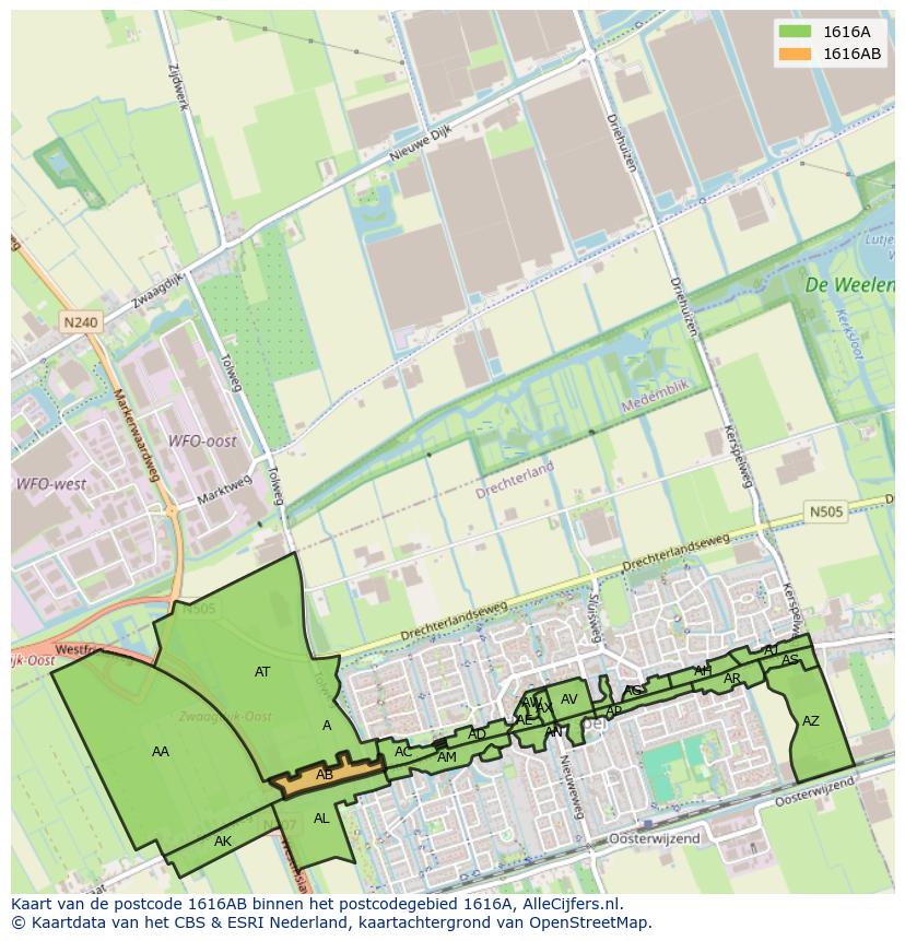 Afbeelding van het postcodegebied 1616 AB op de kaart.