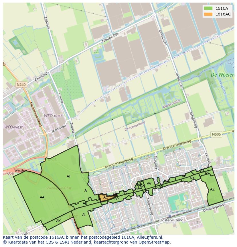 Afbeelding van het postcodegebied 1616 AC op de kaart.