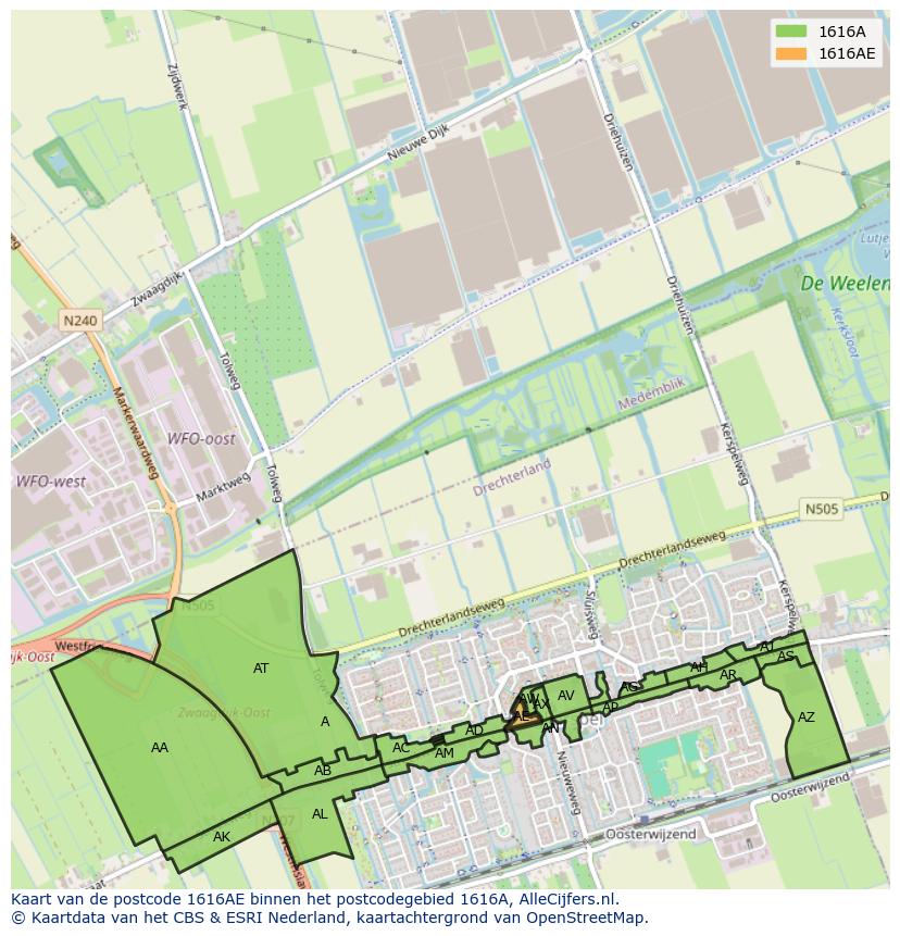 Afbeelding van het postcodegebied 1616 AE op de kaart.