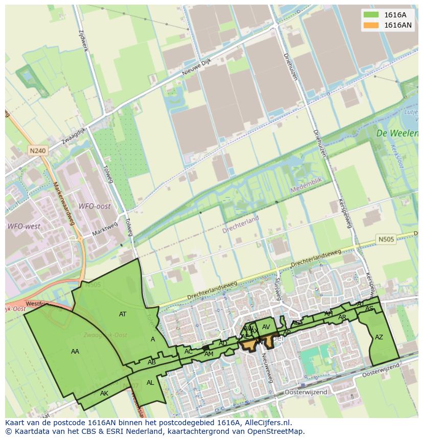 Afbeelding van het postcodegebied 1616 AN op de kaart.