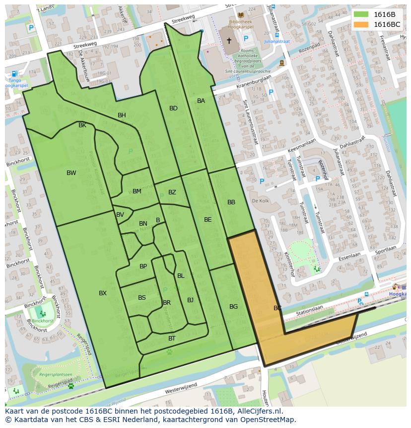 Afbeelding van het postcodegebied 1616 BC op de kaart.