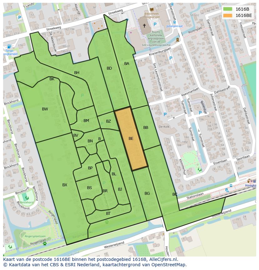 Afbeelding van het postcodegebied 1616 BE op de kaart.