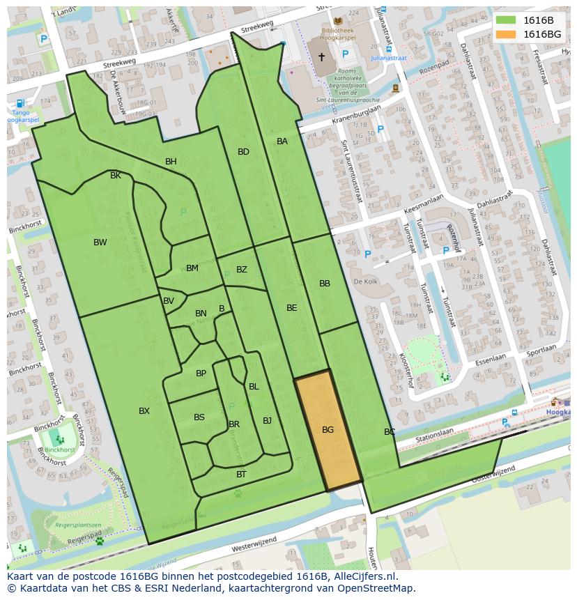 Afbeelding van het postcodegebied 1616 BG op de kaart.