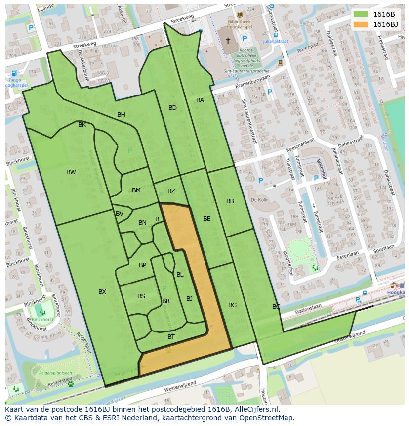 Afbeelding van het postcodegebied 1616 BJ op de kaart.