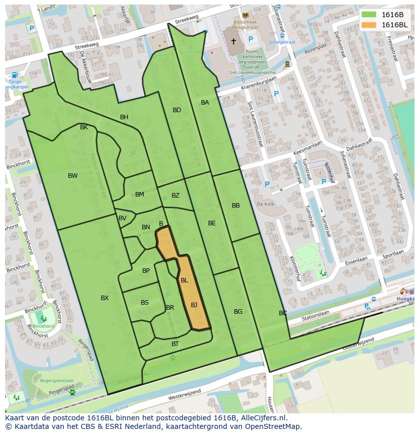 Afbeelding van het postcodegebied 1616 BL op de kaart.