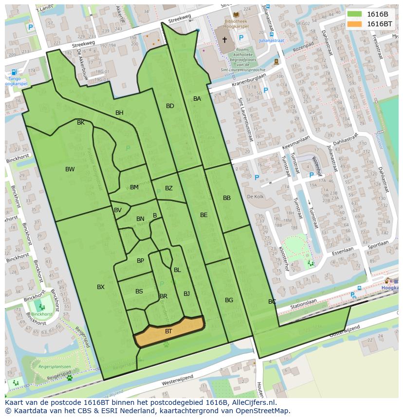 Afbeelding van het postcodegebied 1616 BT op de kaart.