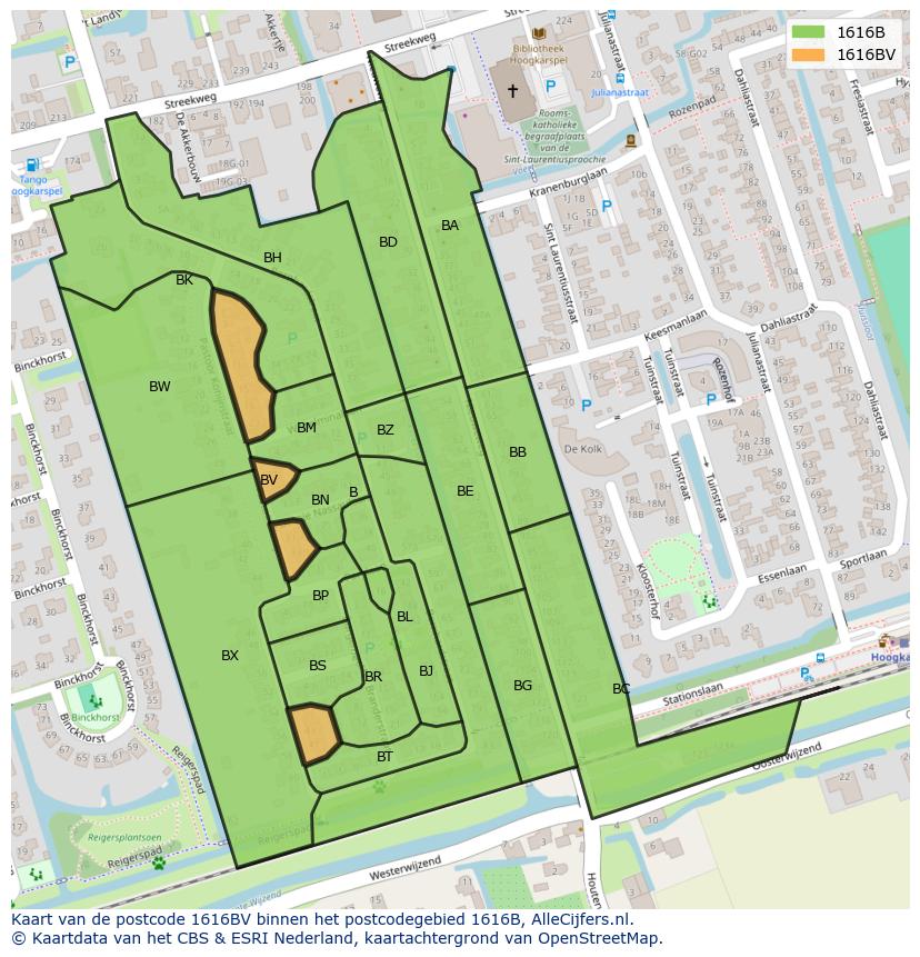 Afbeelding van het postcodegebied 1616 BV op de kaart.