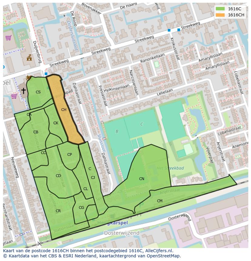 Afbeelding van het postcodegebied 1616 CH op de kaart.