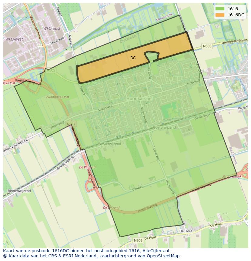 Afbeelding van het postcodegebied 1616 DC op de kaart.