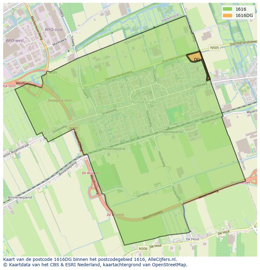 Afbeelding van het postcodegebied 1616 DG op de kaart.