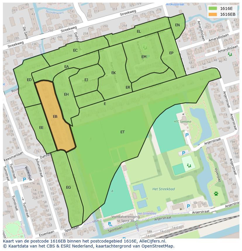 Afbeelding van het postcodegebied 1616 EB op de kaart.