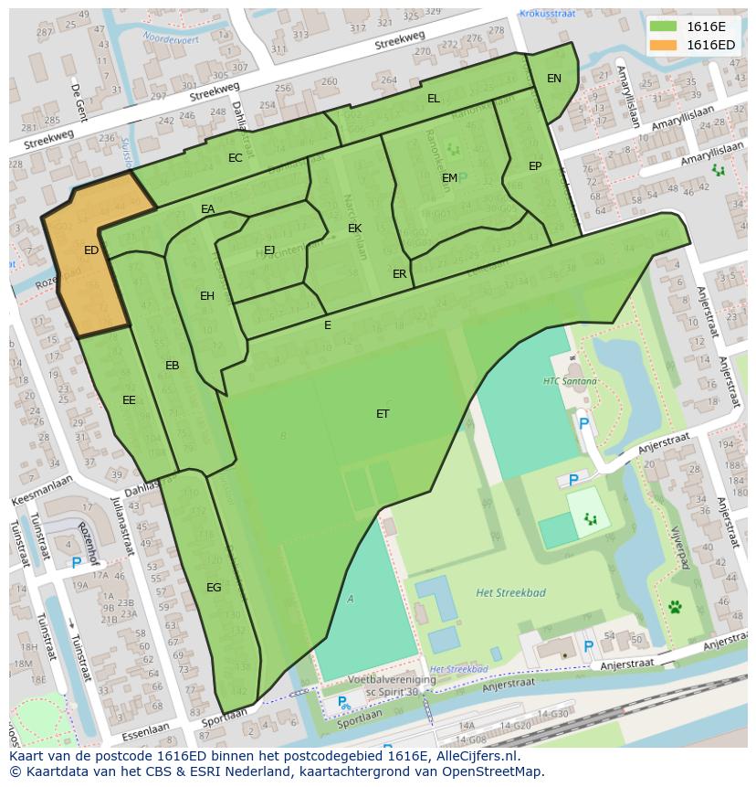 Afbeelding van het postcodegebied 1616 ED op de kaart.