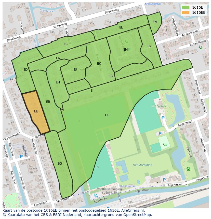 Afbeelding van het postcodegebied 1616 EE op de kaart.