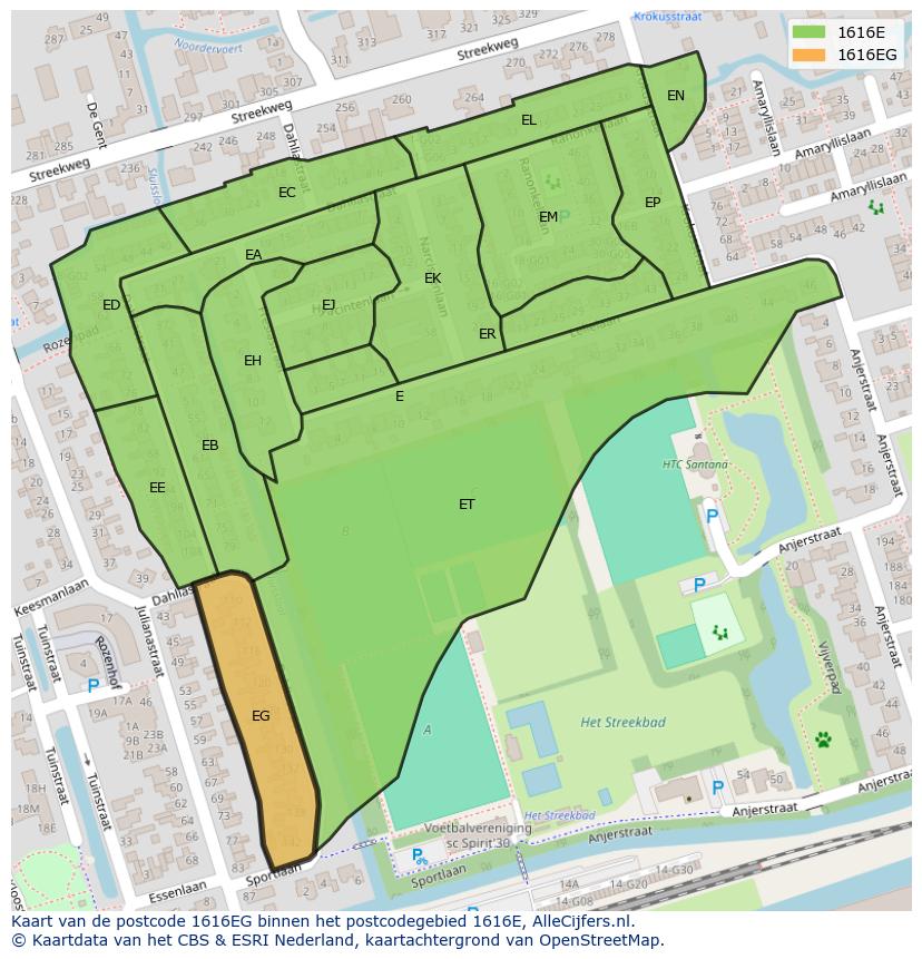 Afbeelding van het postcodegebied 1616 EG op de kaart.
