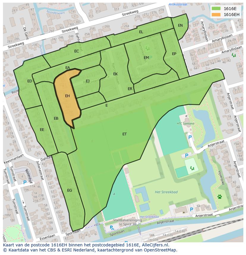 Afbeelding van het postcodegebied 1616 EH op de kaart.