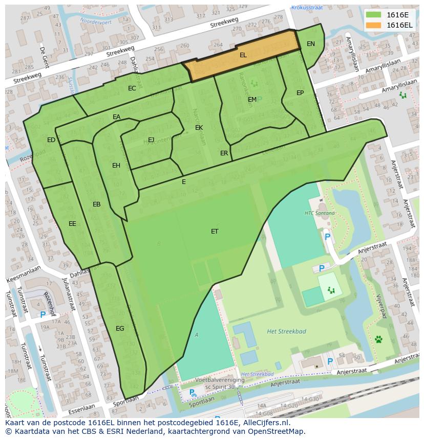 Afbeelding van het postcodegebied 1616 EL op de kaart.
