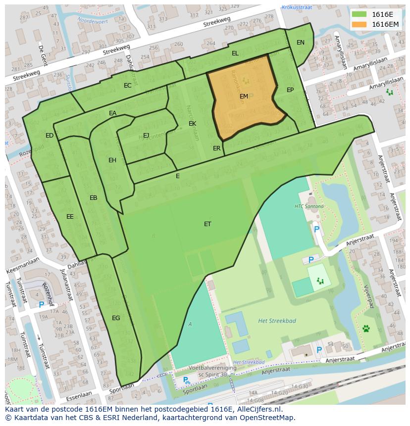 Afbeelding van het postcodegebied 1616 EM op de kaart.