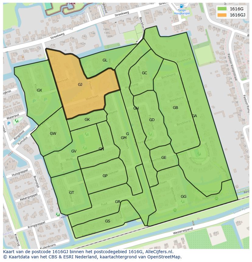 Afbeelding van het postcodegebied 1616 GJ op de kaart.