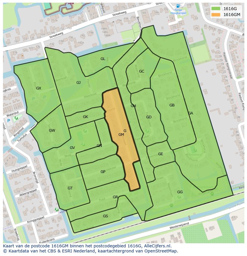 Afbeelding van het postcodegebied 1616 GM op de kaart.
