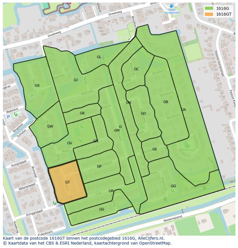 Afbeelding van het postcodegebied 1616 GT op de kaart.