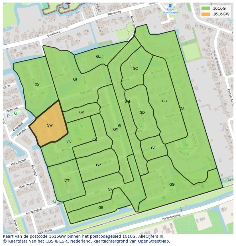 Afbeelding van het postcodegebied 1616 GW op de kaart.