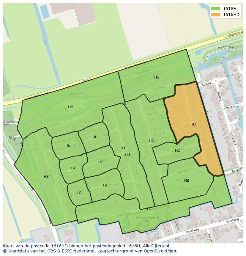 Afbeelding van het postcodegebied 1616 HD op de kaart.