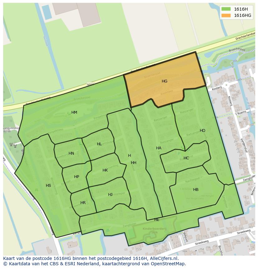 Afbeelding van het postcodegebied 1616 HG op de kaart.