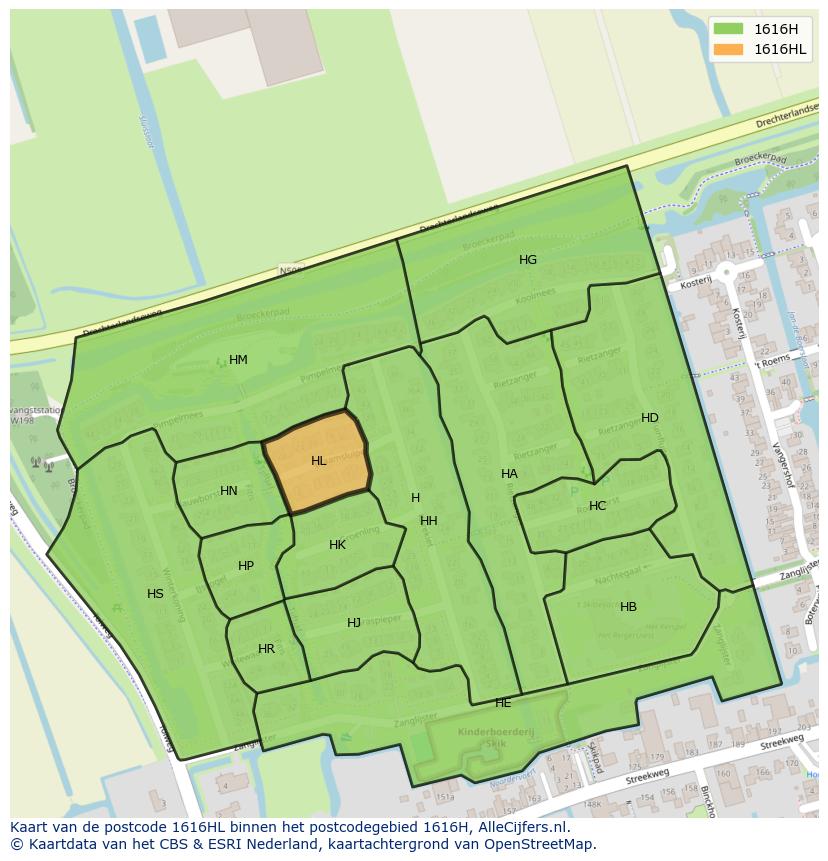 Afbeelding van het postcodegebied 1616 HL op de kaart.