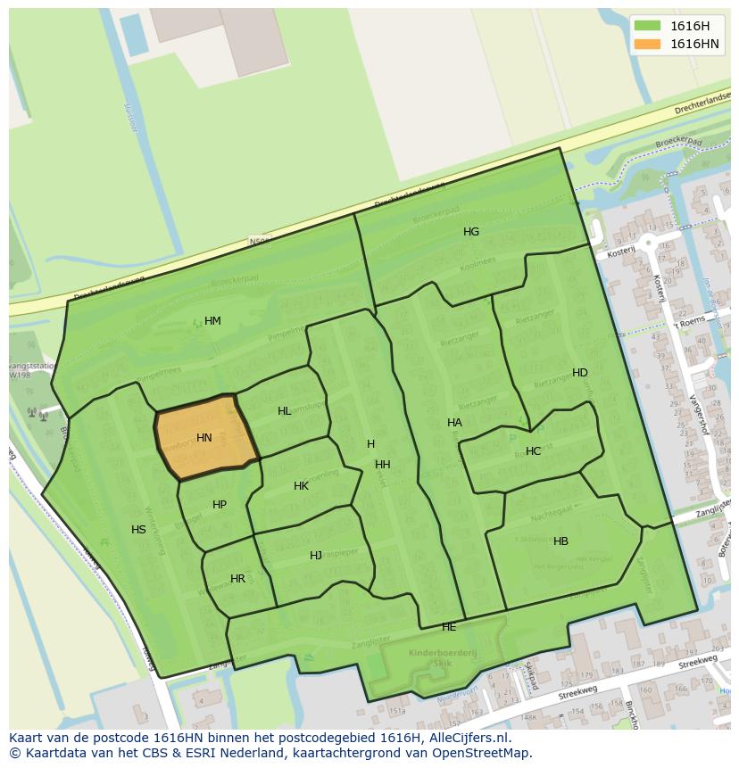 Afbeelding van het postcodegebied 1616 HN op de kaart.