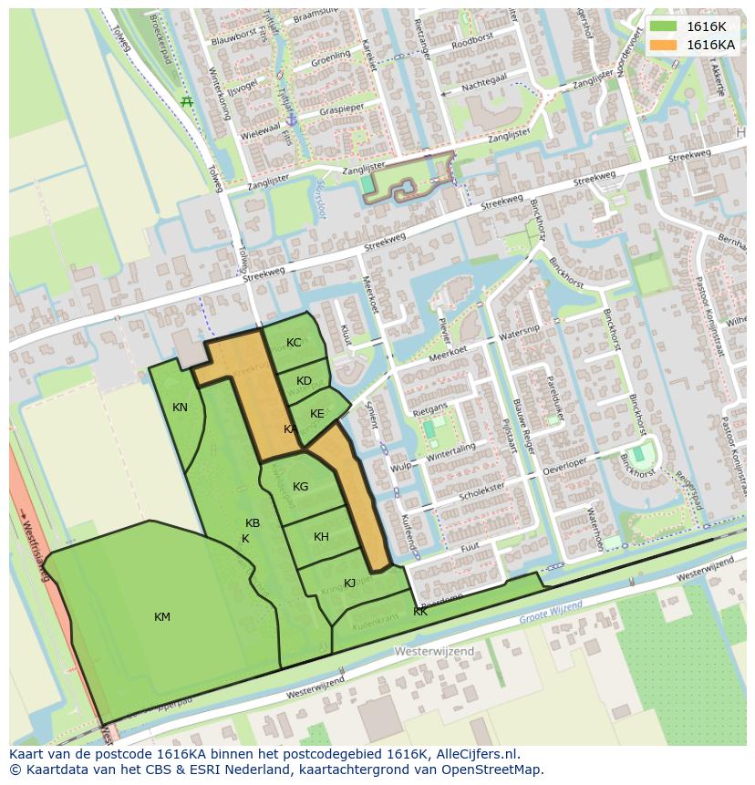 Afbeelding van het postcodegebied 1616 KA op de kaart.