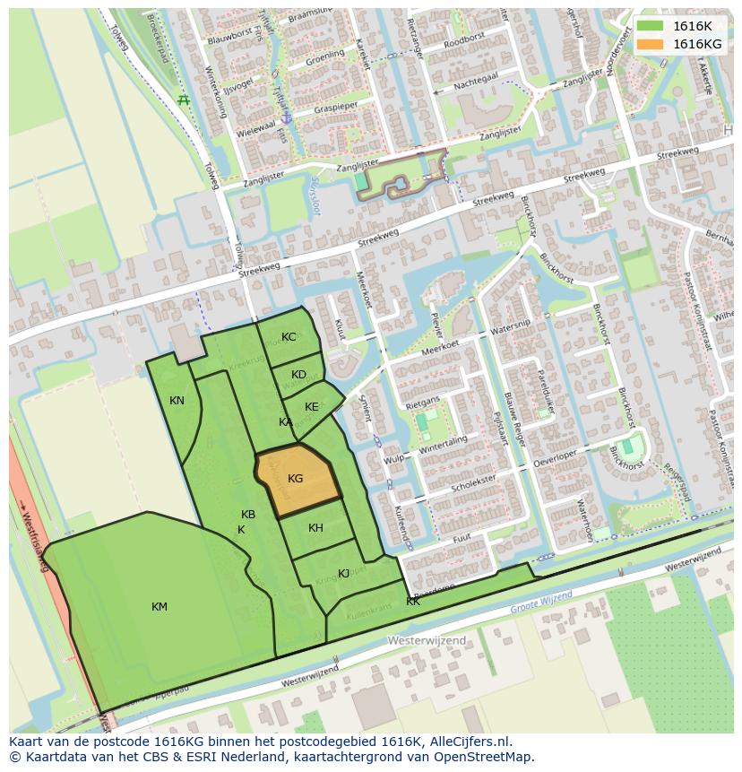 Afbeelding van het postcodegebied 1616 KG op de kaart.