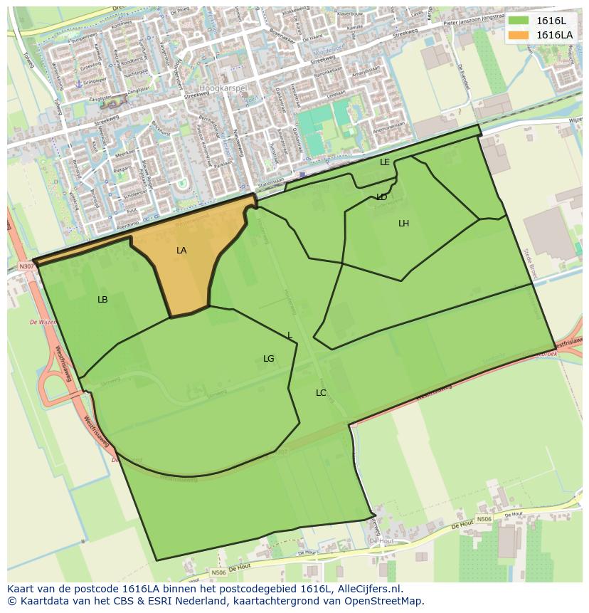 Afbeelding van het postcodegebied 1616 LA op de kaart.
