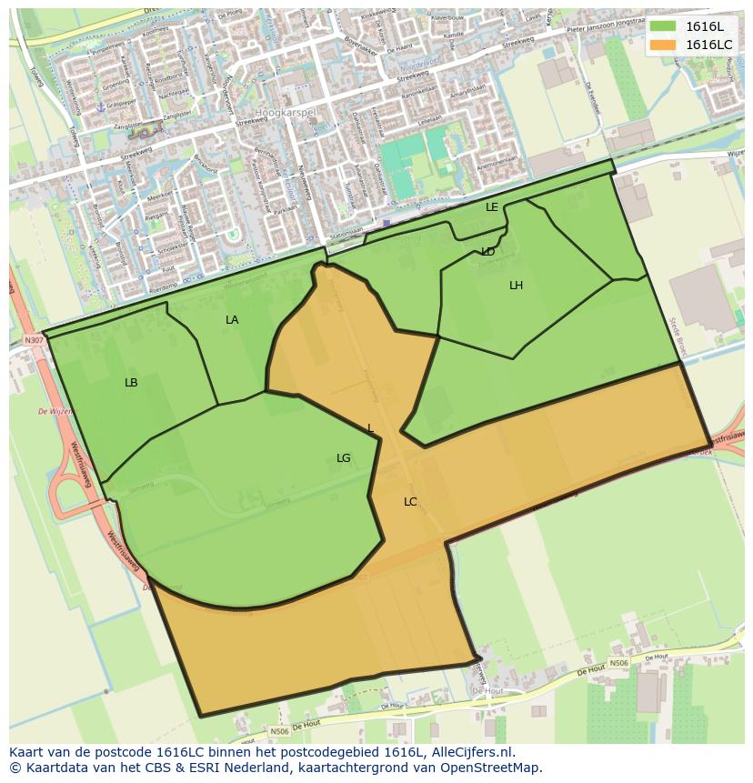 Afbeelding van het postcodegebied 1616 LC op de kaart.