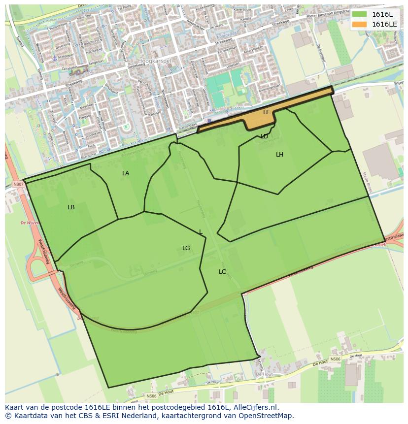 Afbeelding van het postcodegebied 1616 LE op de kaart.