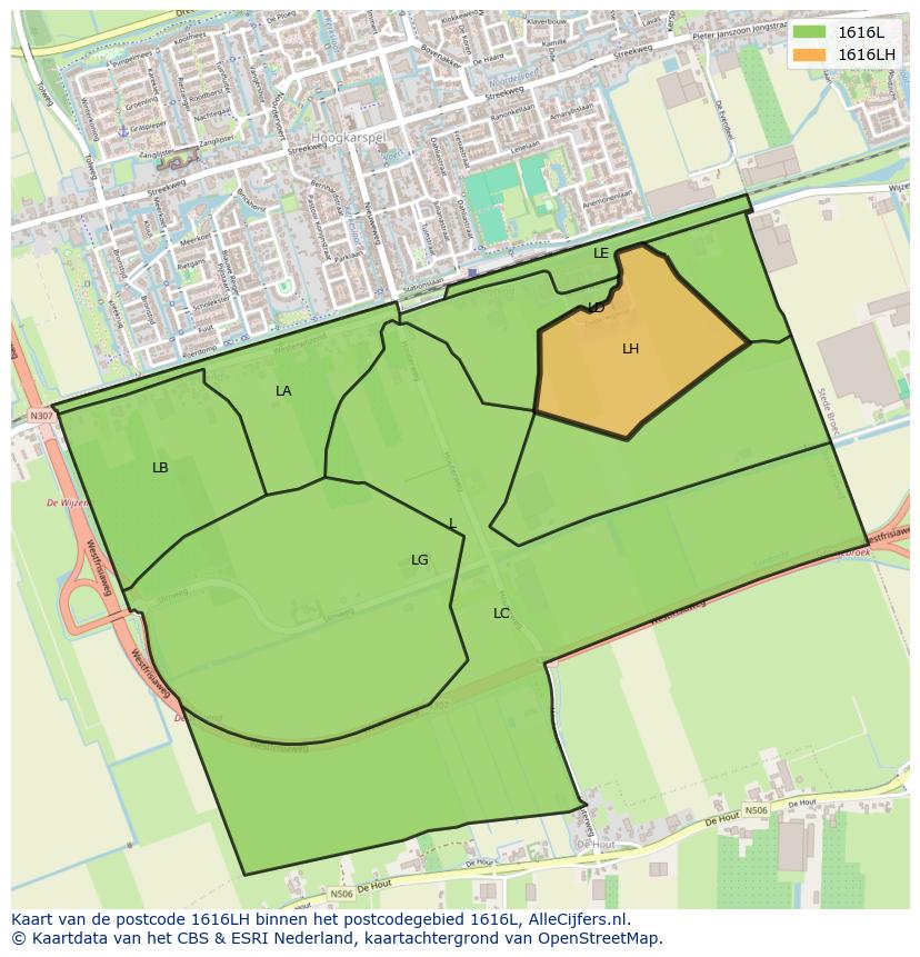 Afbeelding van het postcodegebied 1616 LH op de kaart.