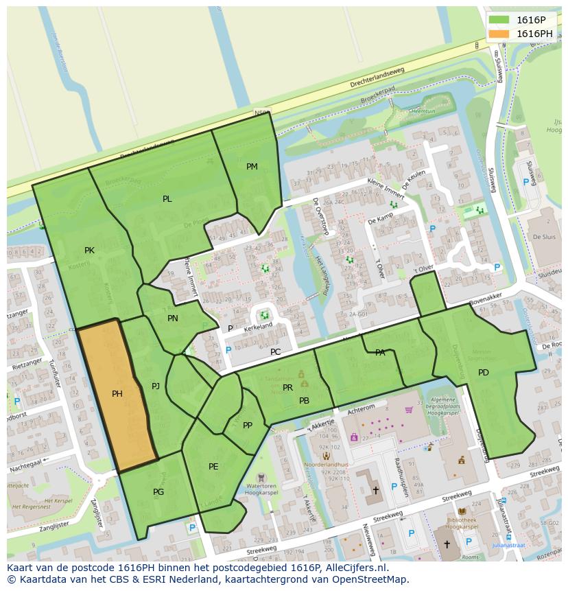 Afbeelding van het postcodegebied 1616 PH op de kaart.