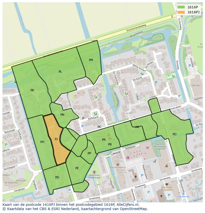 Afbeelding van het postcodegebied 1616 PJ op de kaart.