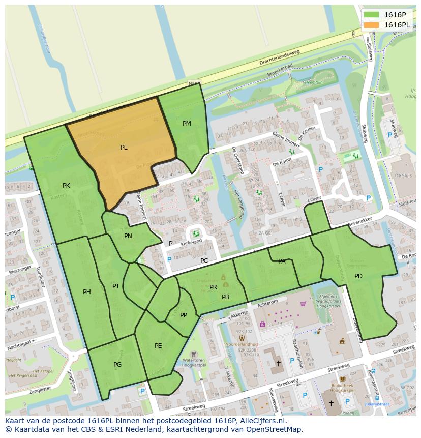 Afbeelding van het postcodegebied 1616 PL op de kaart.