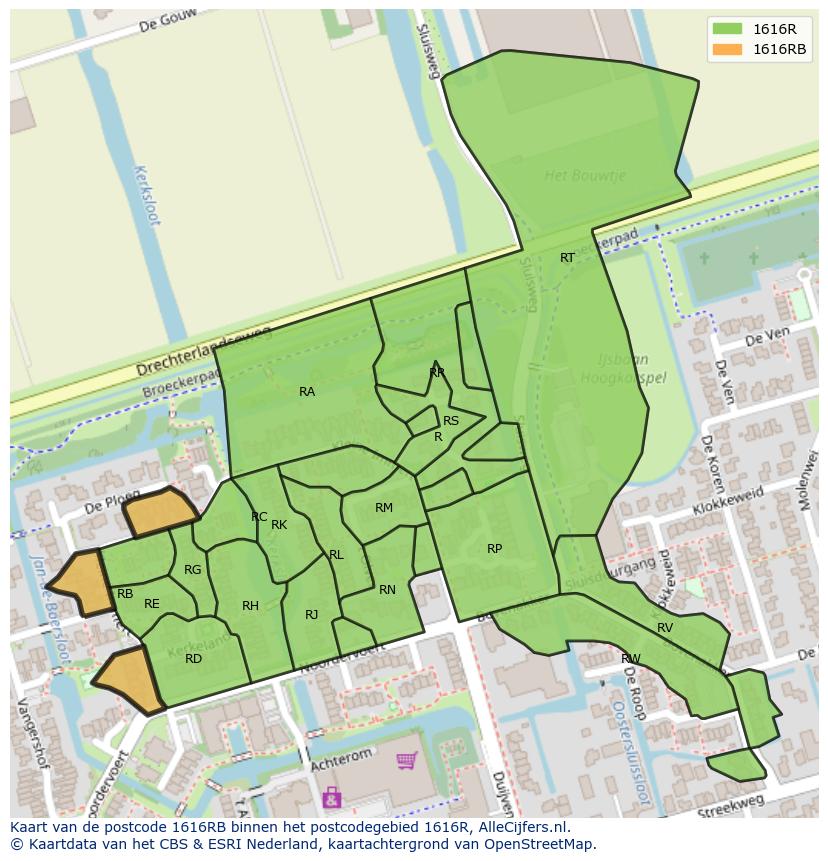 Afbeelding van het postcodegebied 1616 RB op de kaart.